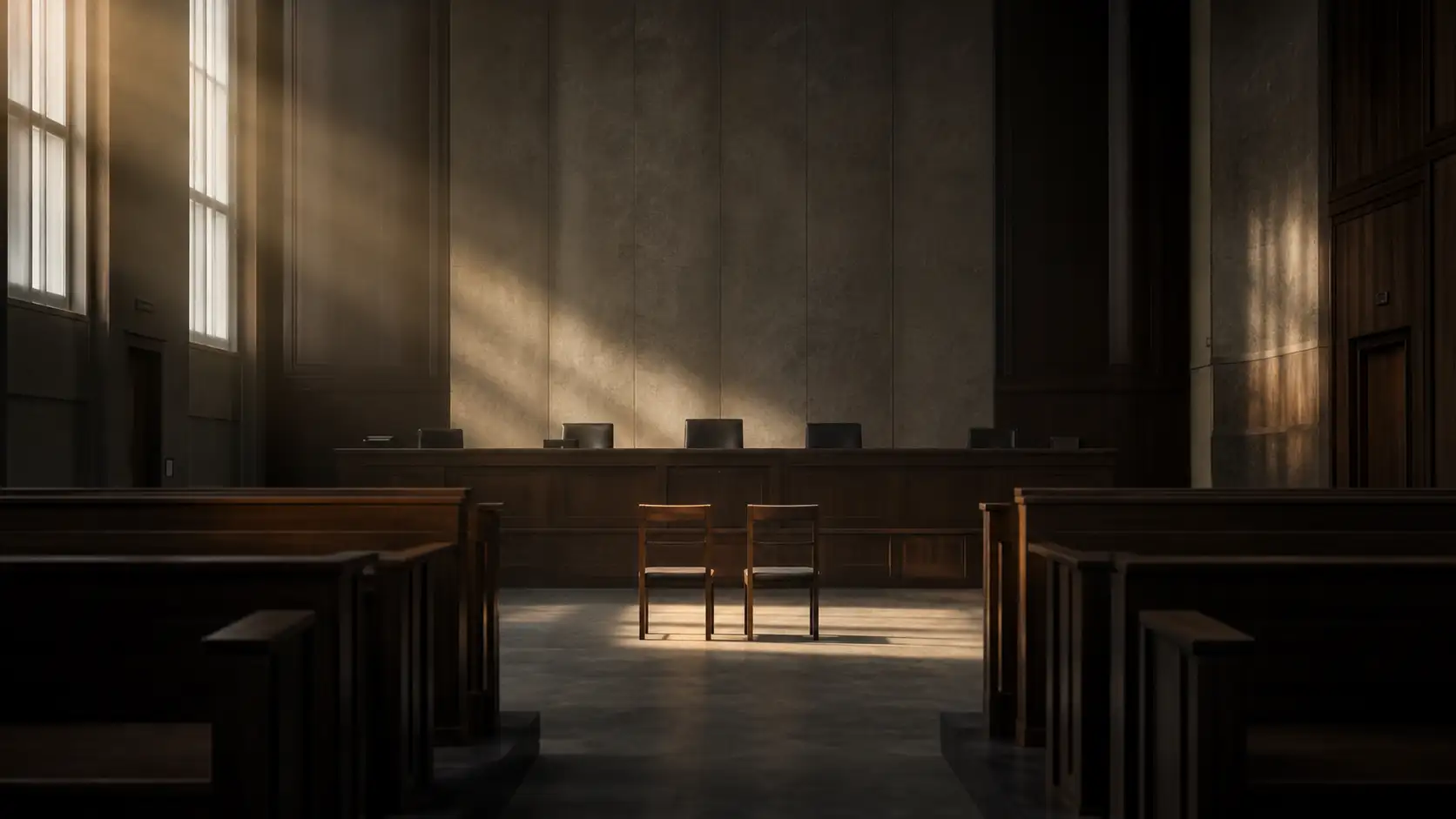 Symbolisches Titelbild eines leeren Gerichtssaals mit gedämpftem Licht.
