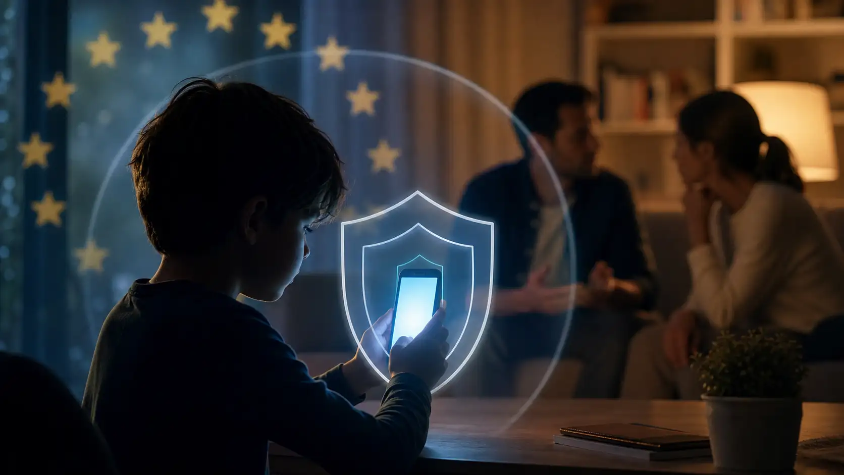 Symbolisches Titelbild eines Kindes vor einem Smartphone mit Schutzschild-Motiv.