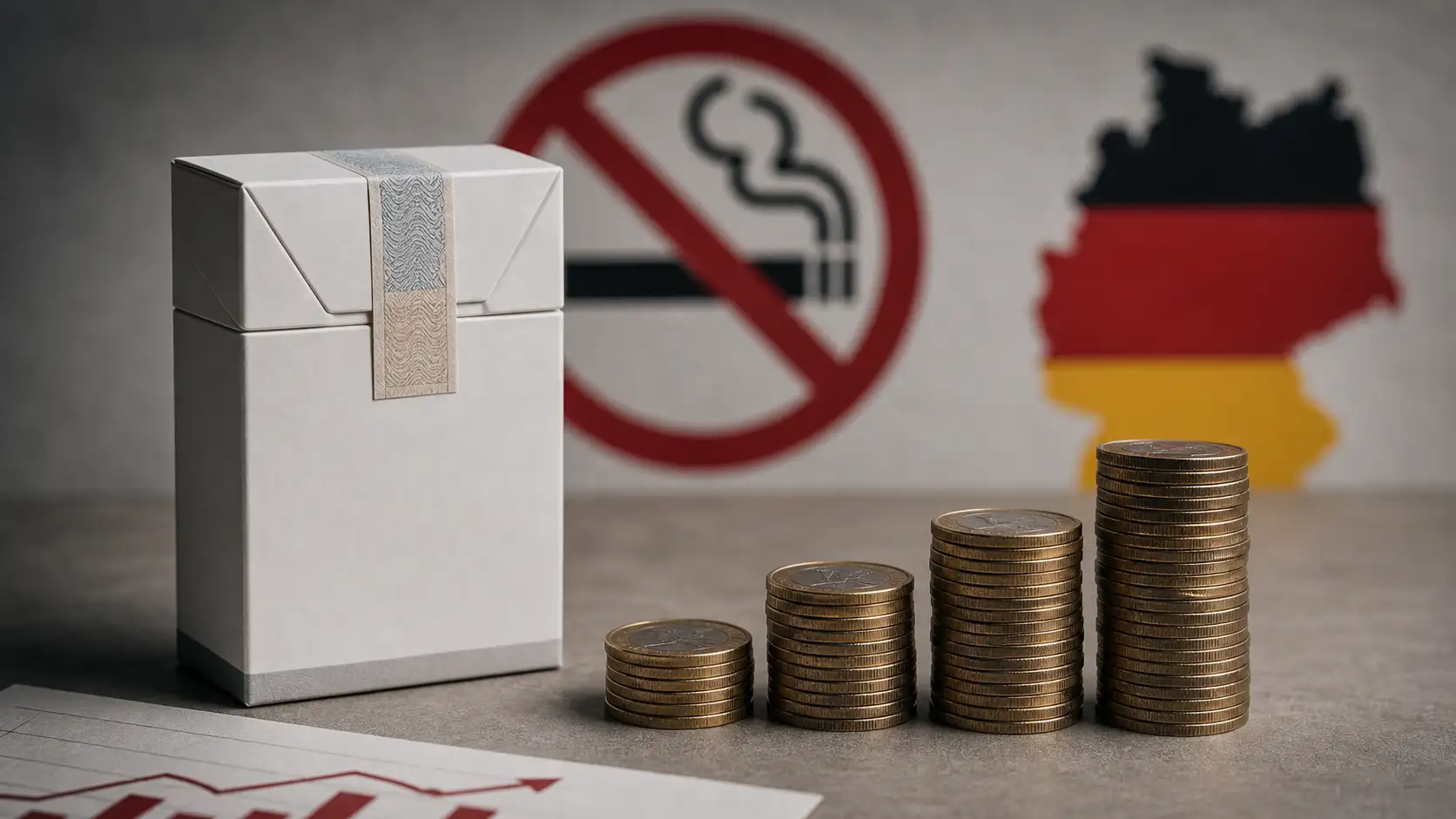 Symbolisches Titelbild einer neutralen Zigarettenpackung mit Münzen und Rauchverbot-Symbol.