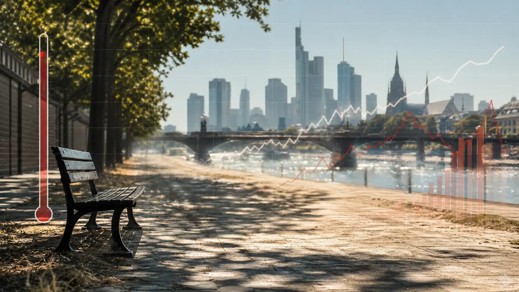 Symbolisches Titelbild einer überhitzten Stadt mit Temperaturanzeige und statistischen Kurven.