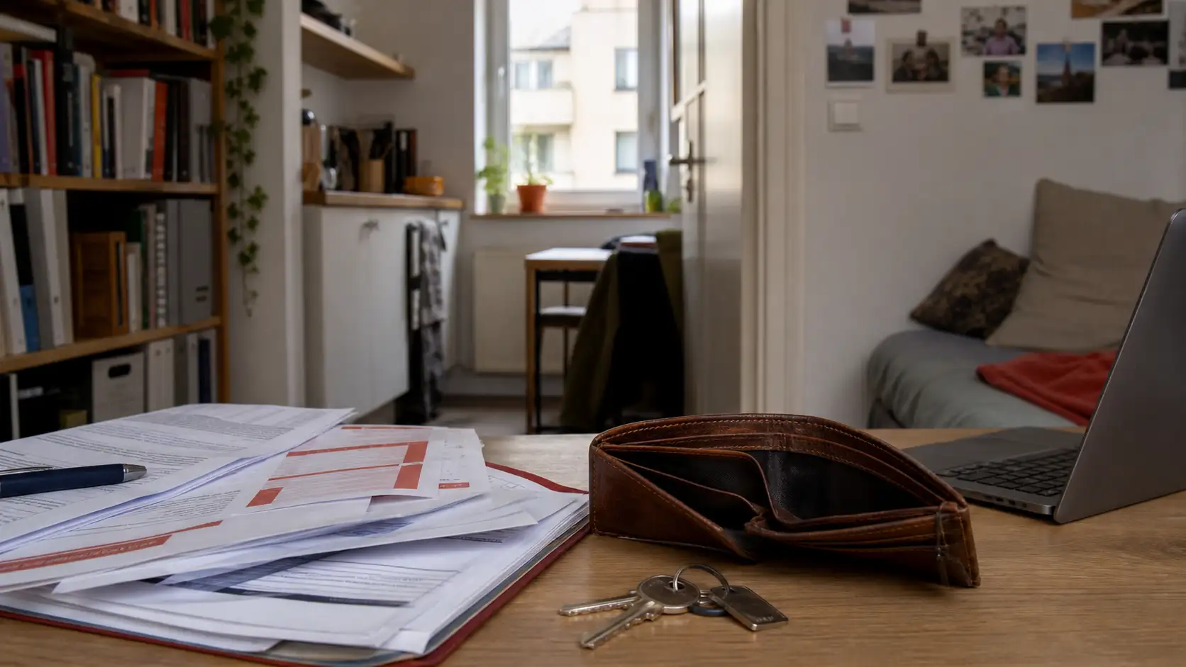 Symbolisches Titelbild eines kleinen Studentenzimmers mit leerem Portemonnaie, Wohnungsschlüsseln und Rechnungen.