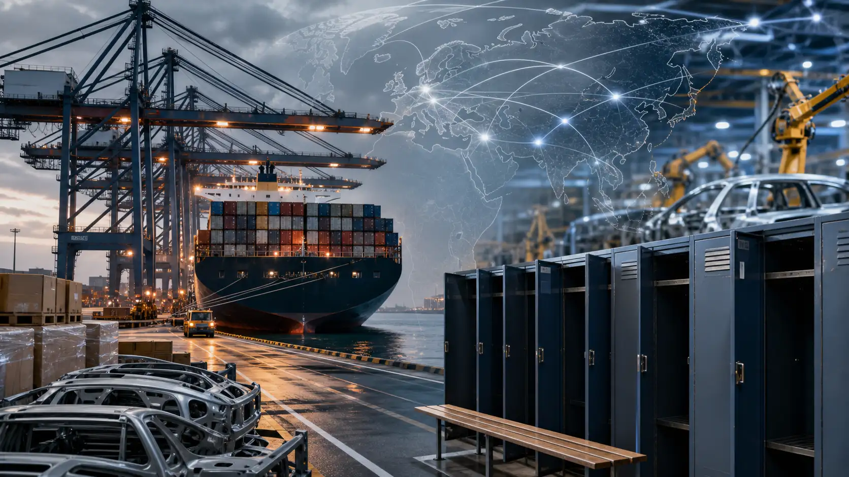 Symbolbild eines Containerhafens mit Industriebauteilen