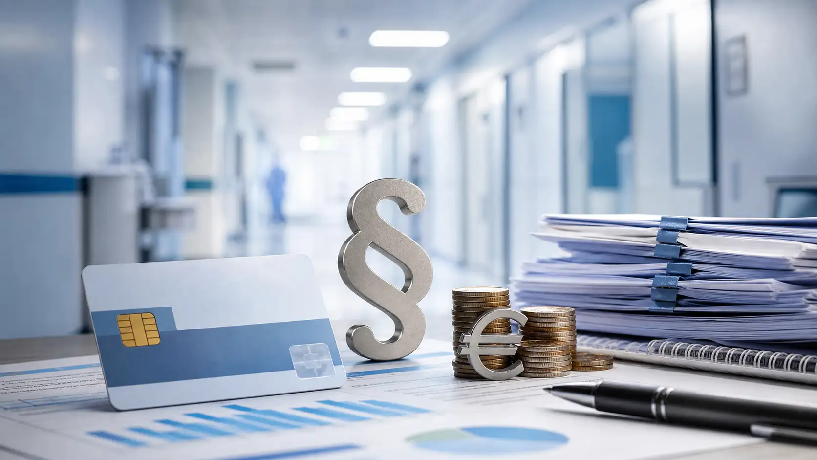 Symbolbild mit Krankenhausflur, Gesundheitskarte und Euro-Zeichen