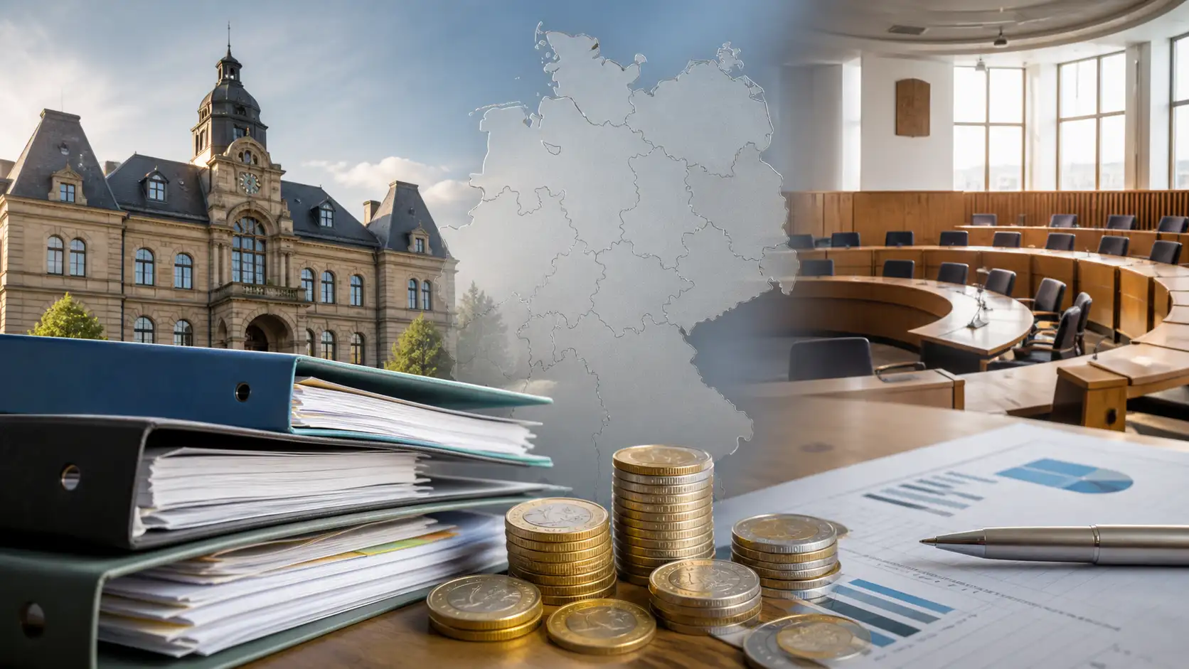 Symbolbild eines Rathauses mit Haushaltsunterlagen und Euro-Münzen