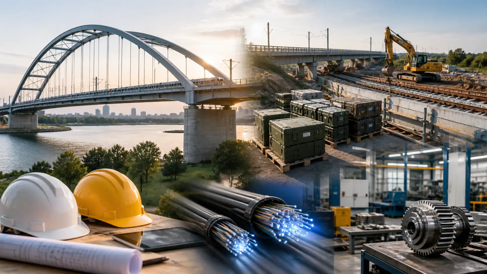 Symbolbild von Infrastrukturarbeiten, Helmen und Industriewerkstatt