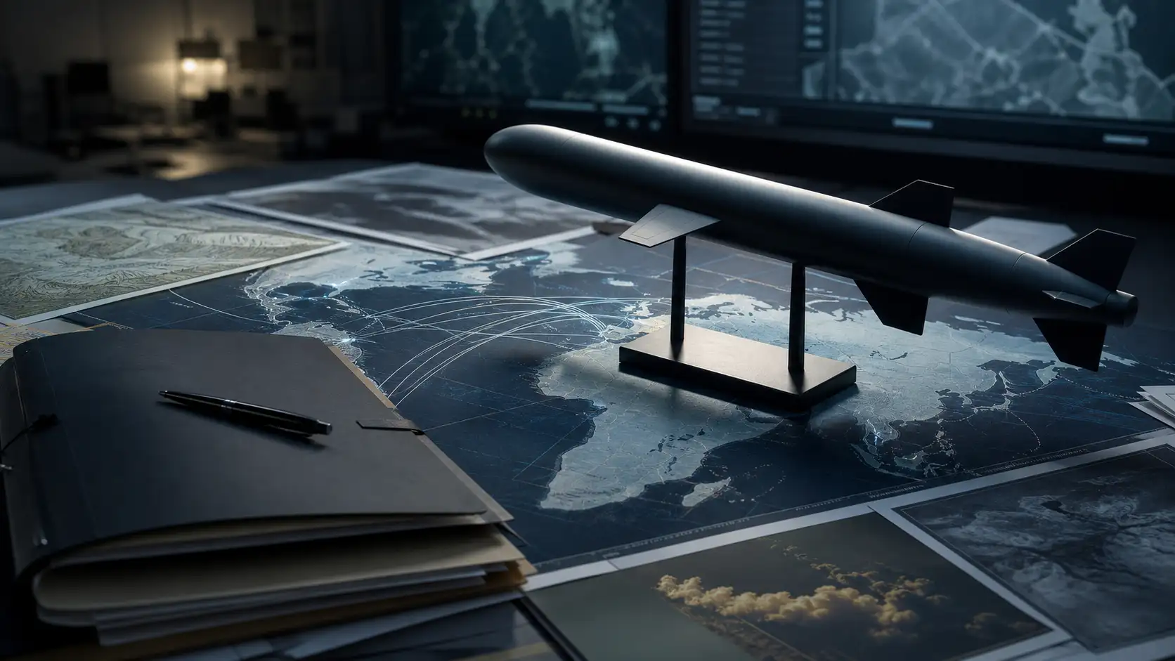 Symbolbild eines Verteidigungs-Briefing-Tisches mit Raketenmodell