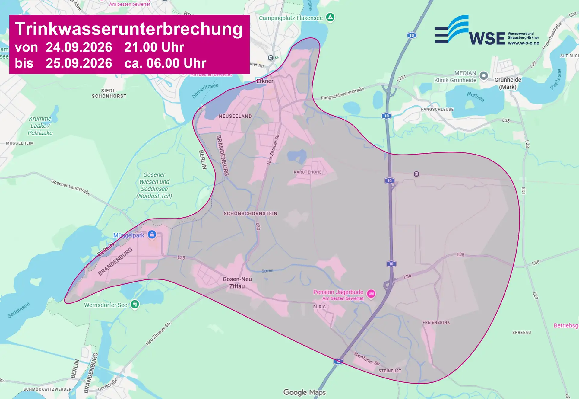 Übersichtskarte mit markierten Gebieten rund um Erkner, für die Unterbrechung der Trinkwasserversorgung.