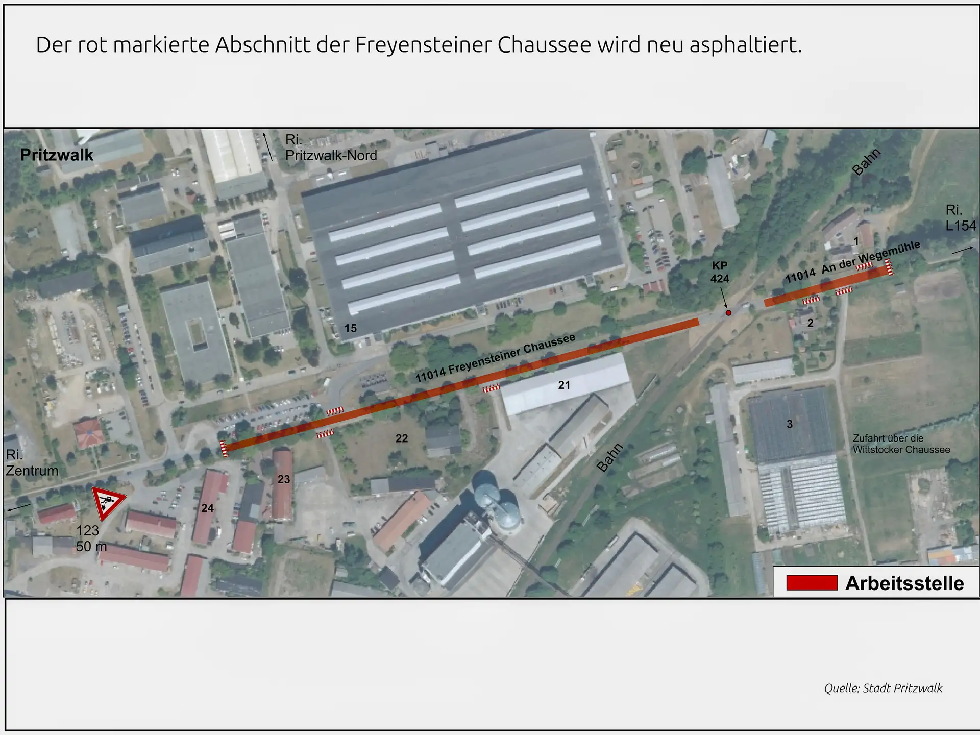 Die Freyensteiner Chaussee bleibt noch bis zum Ende der kommenden Woche gesperrt. Karte: Stadt Pritzwalk