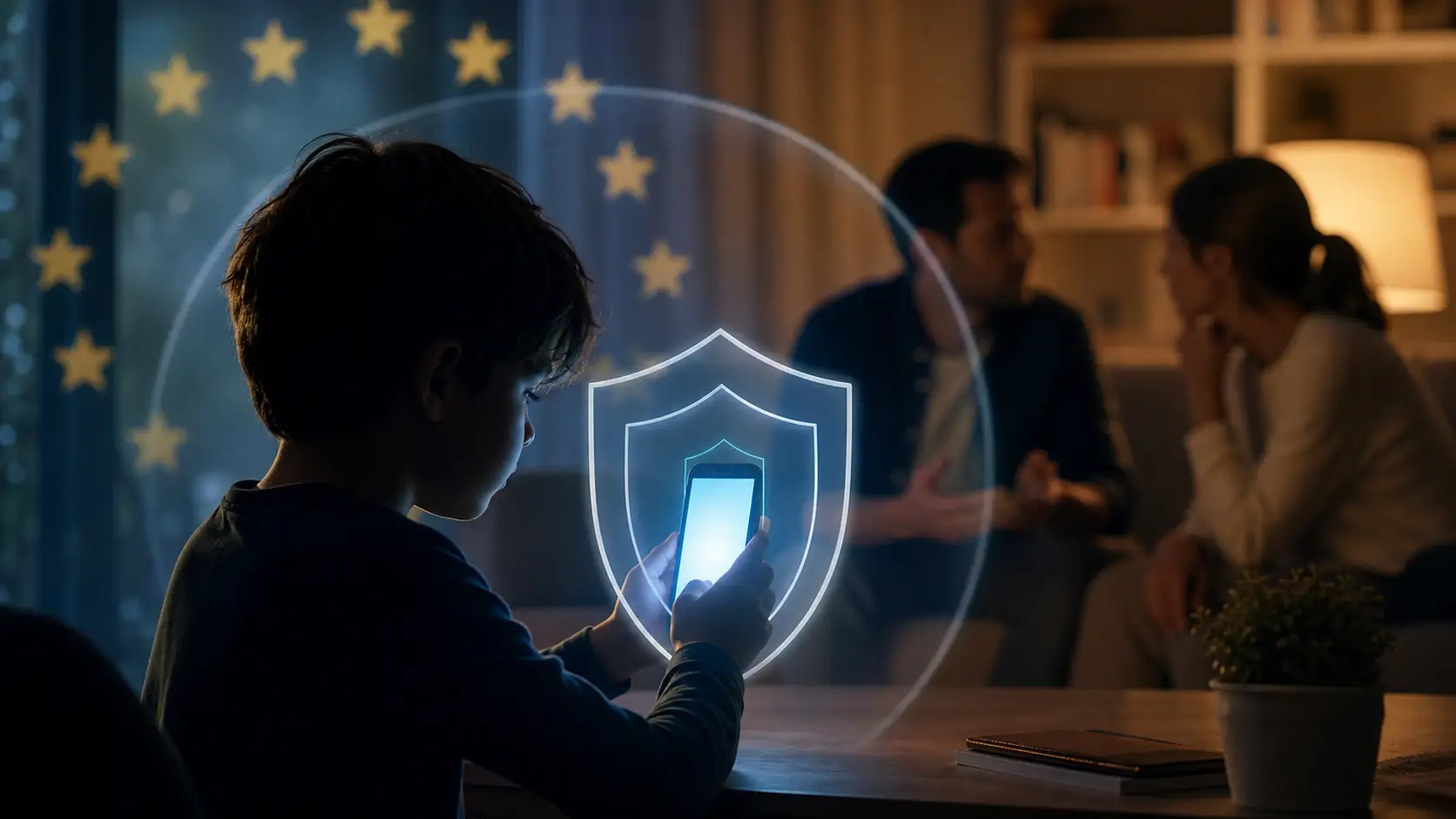 Symbolisches Titelbild eines Kindes vor einem Smartphone mit Schutzschild-Motiv.