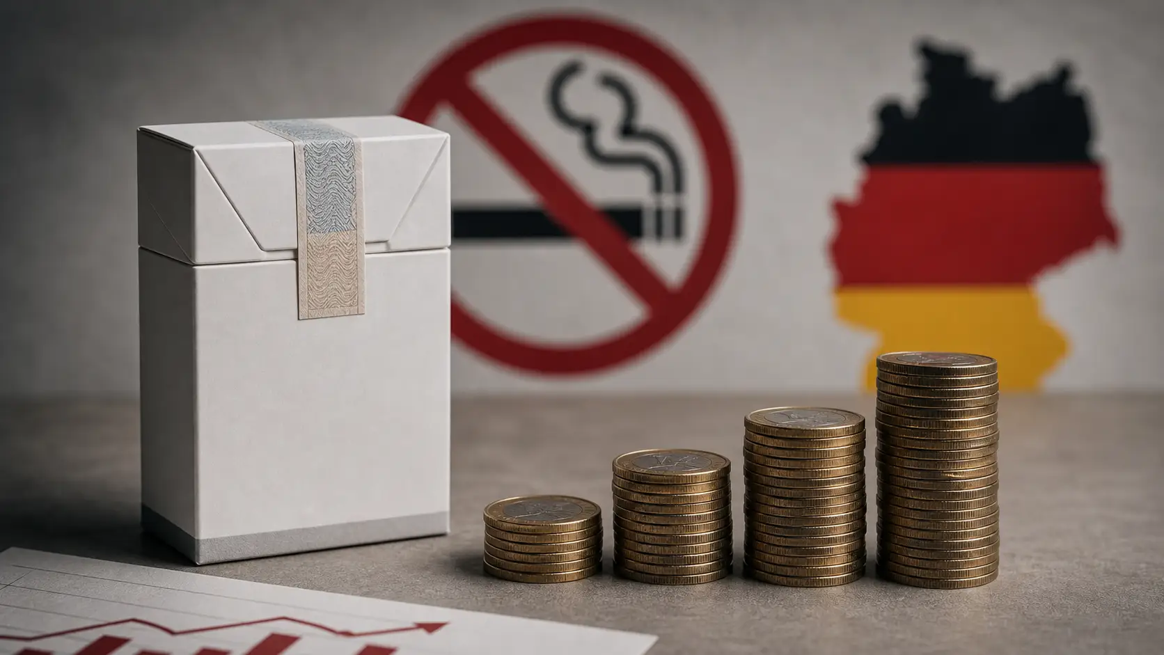 Symbolisches Titelbild einer neutralen Zigarettenpackung mit Münzen und Rauchverbot-Symbol.