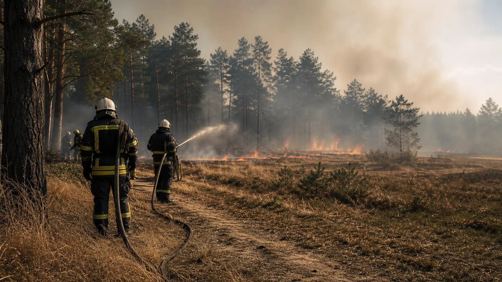 Symbolisches Titelbild einer Feuerwehr an einem trockenen Waldrand mit Rauch in der Ferne.