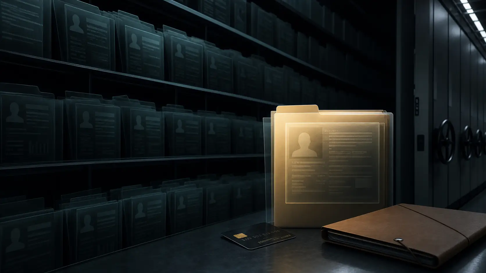 Symbolisches Titelbild historischer Finanzprofile in einem abgedunkelten Datenarchiv.