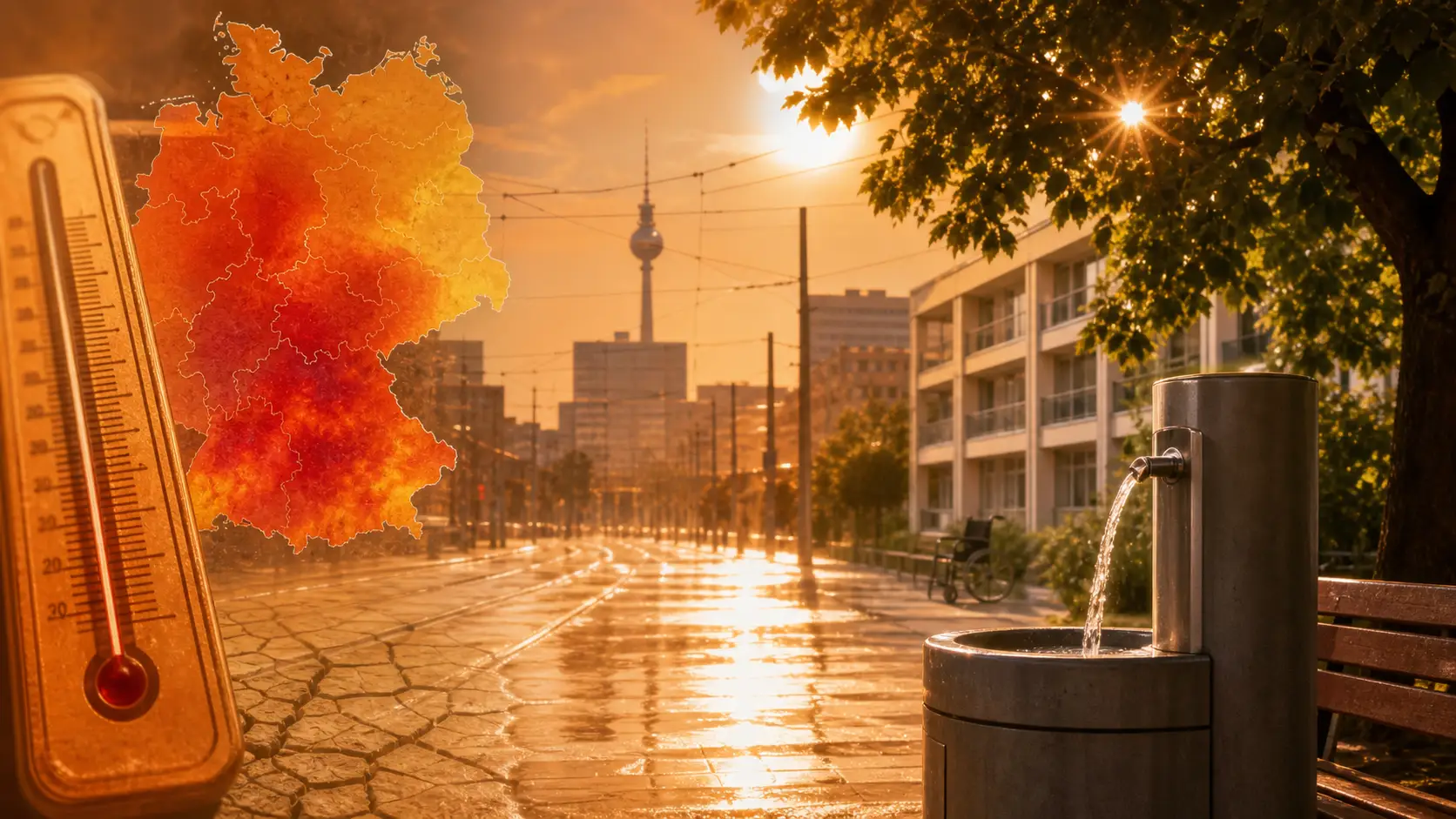 Symbolbild einer aufgeheizten Stadt mit Thermometer und Wasserstation