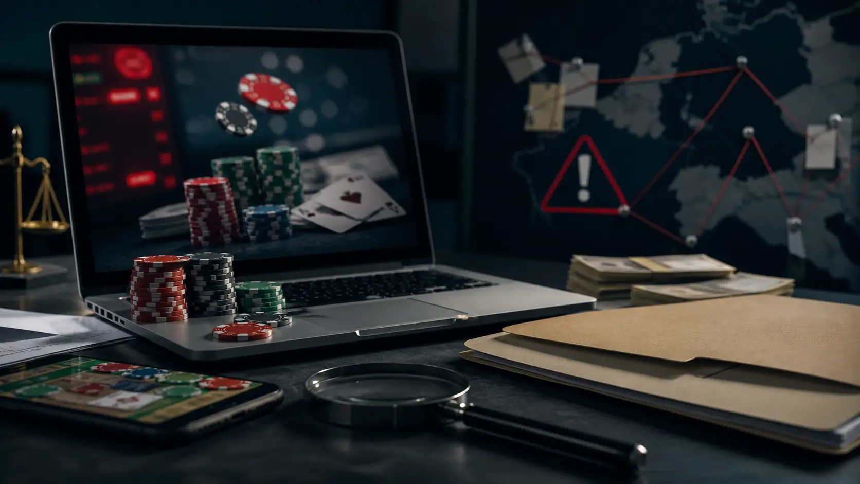 Symbolbild eines Laptops mit Casinochips, Warnsymbol und Akten