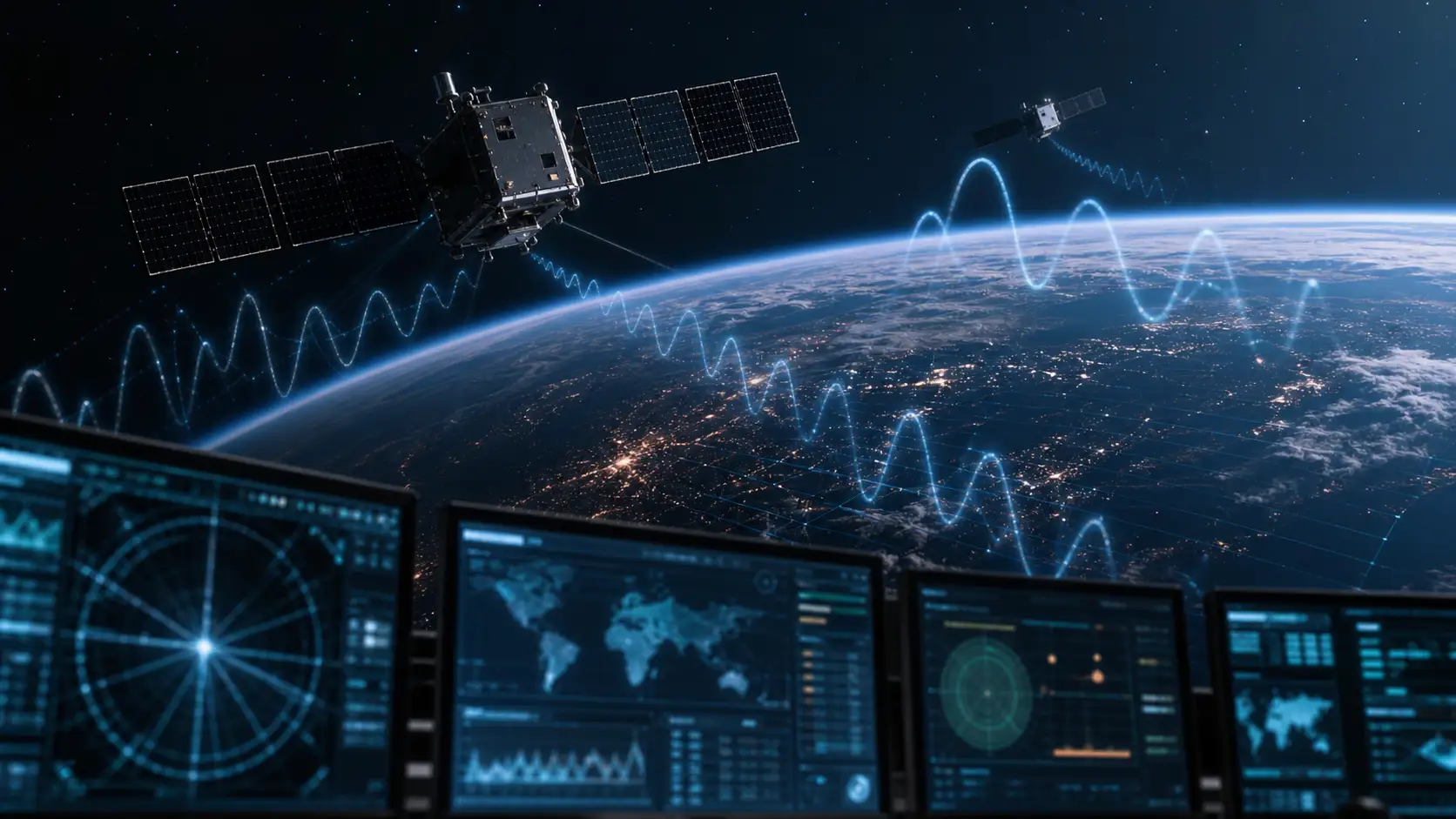 Symbolbild von Satelliten über der Erde mit Störsignalen
