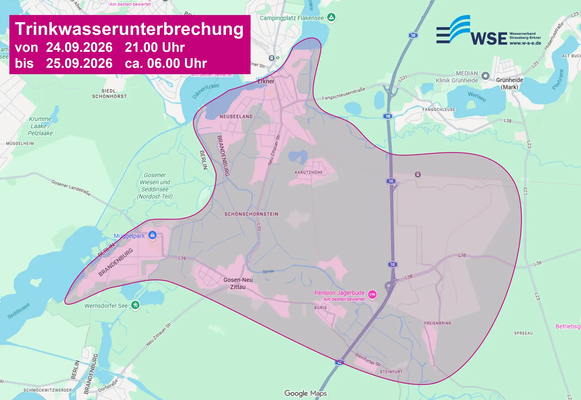 Übersichtskarte mit markierten Gebieten rund um Erkner, für die Unterbrechung der Trinkwasserversorgung.