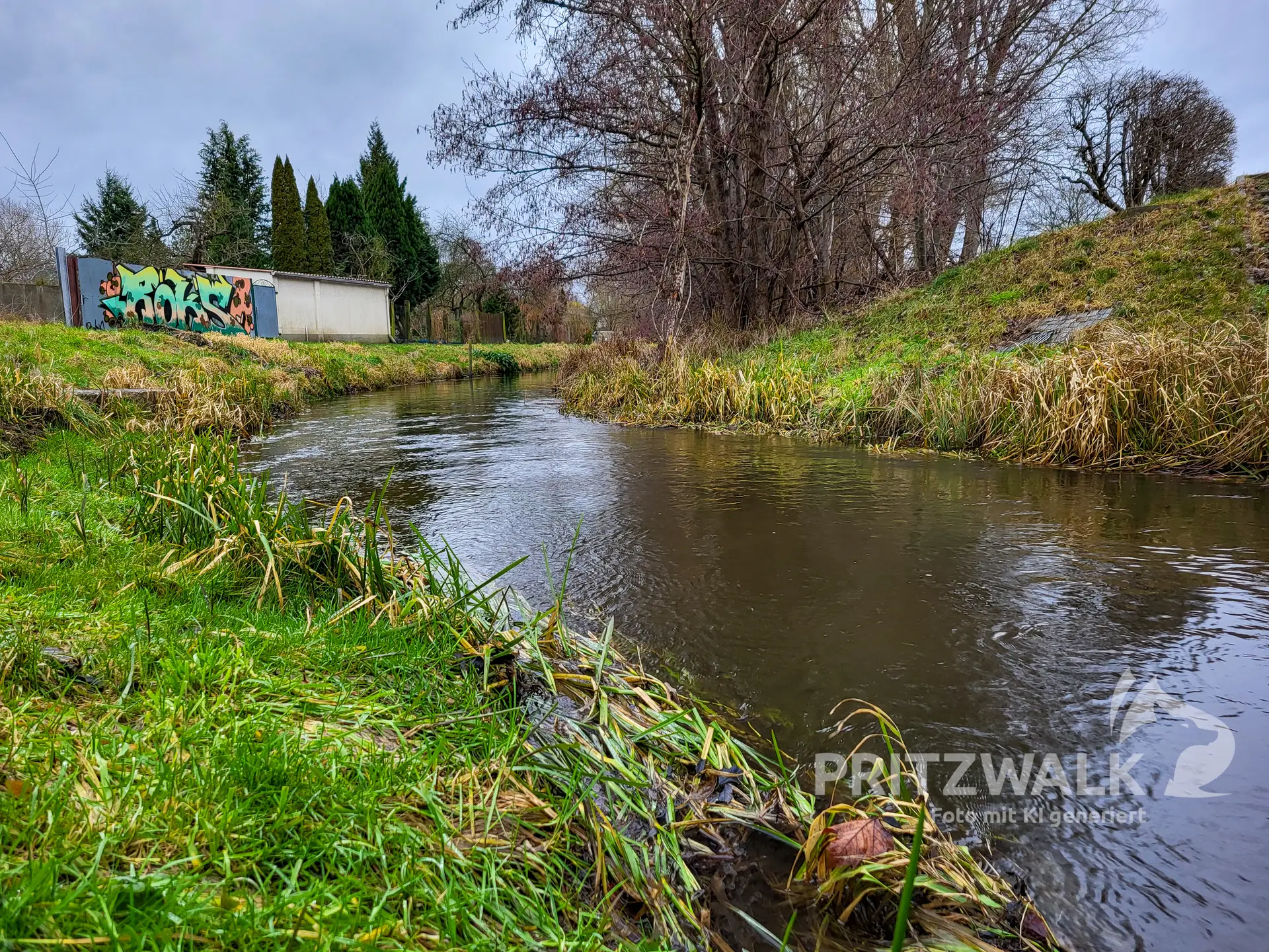 Der Dömnitzlauf in Höhe der Schachthausstraße. Der Fluss spülte hier 1993 die halbe Straße weg.