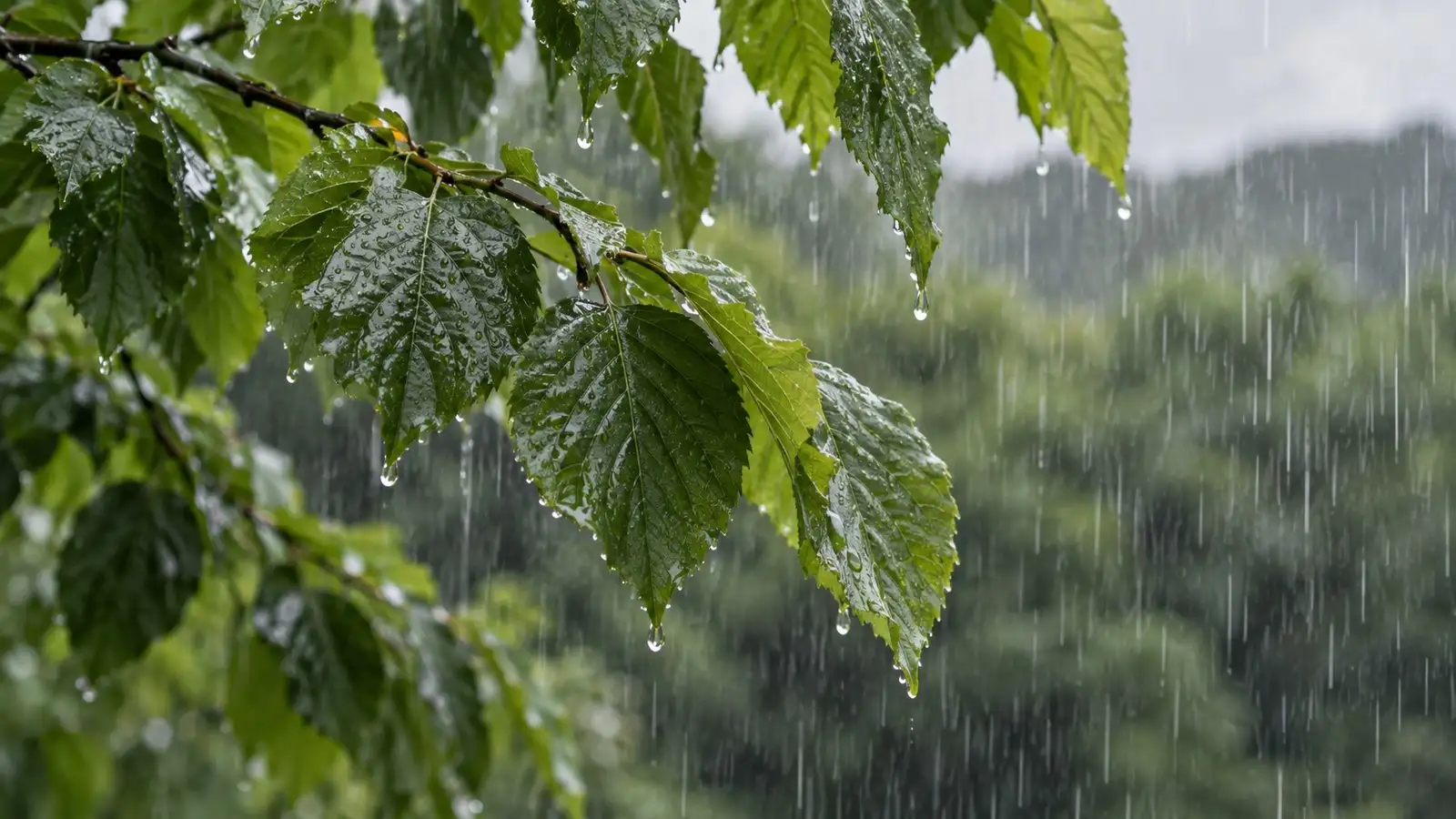 Regen auf Blättern. Neutrale Alltagskulisse ohne behaupteten Aufnahmeort.