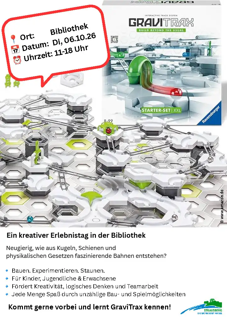 Plakat mit Werbung für einen GraviTrax-Spieltag in der Heinrich-Mann-Bibliothek im Oktober 2026.
