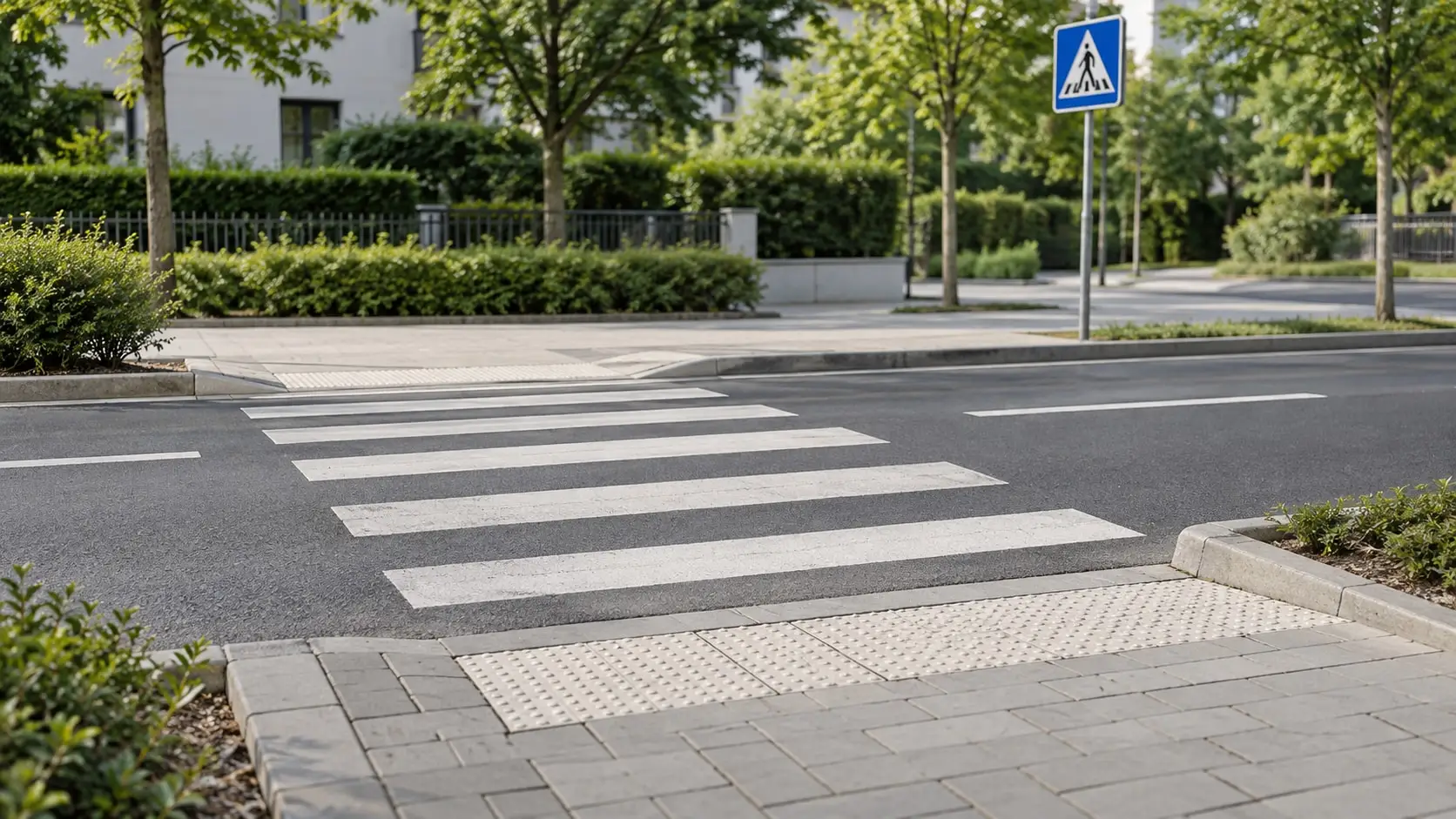 Fußgängerüberweg und abgesenkter Bordstein an einem nicht identifizierbaren Ort.